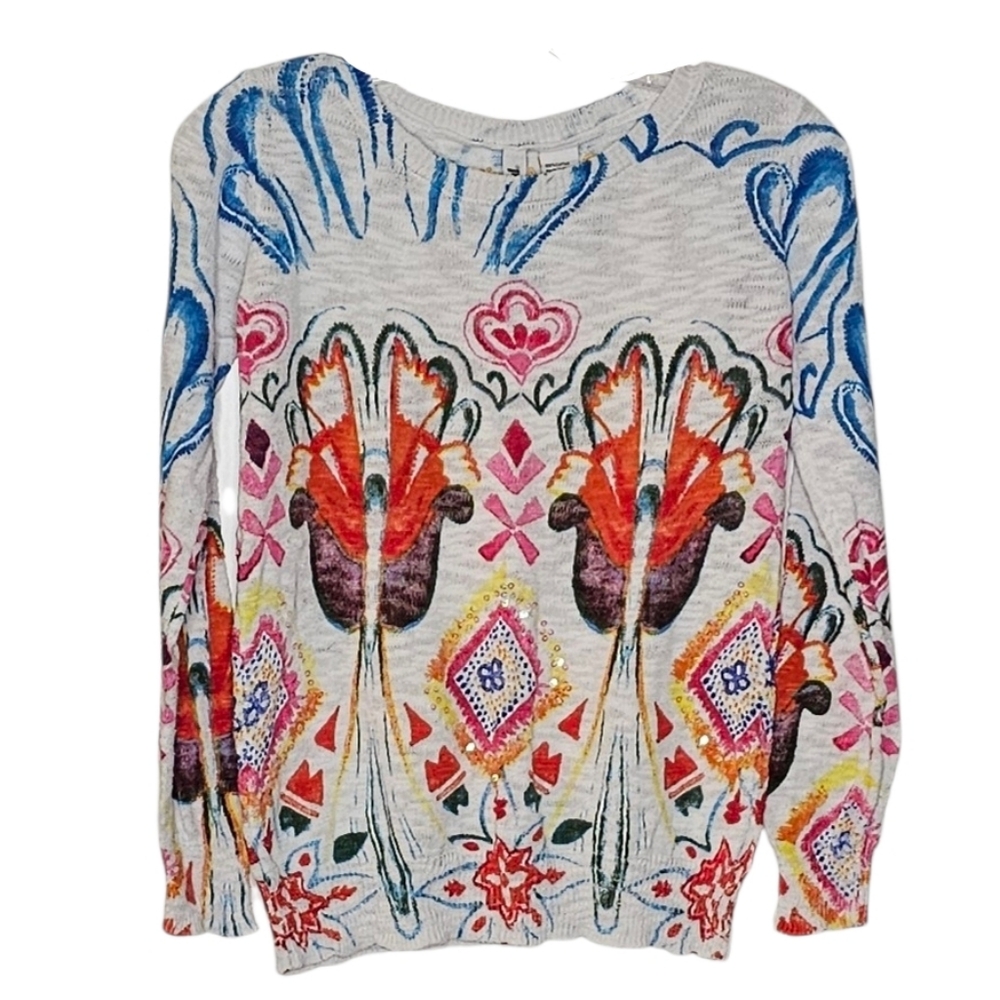 Desigual White Cotton Pullover Abstract Floral Print w Sequins Embroidery Medium